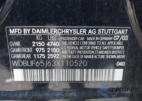 2003 Mercedes-Benz E 320 из США, поврежденный, VIN WDBUF65J63X110520